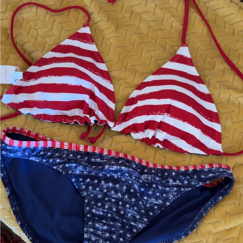 Red and White Striped Bikini with Blue Star Bottom